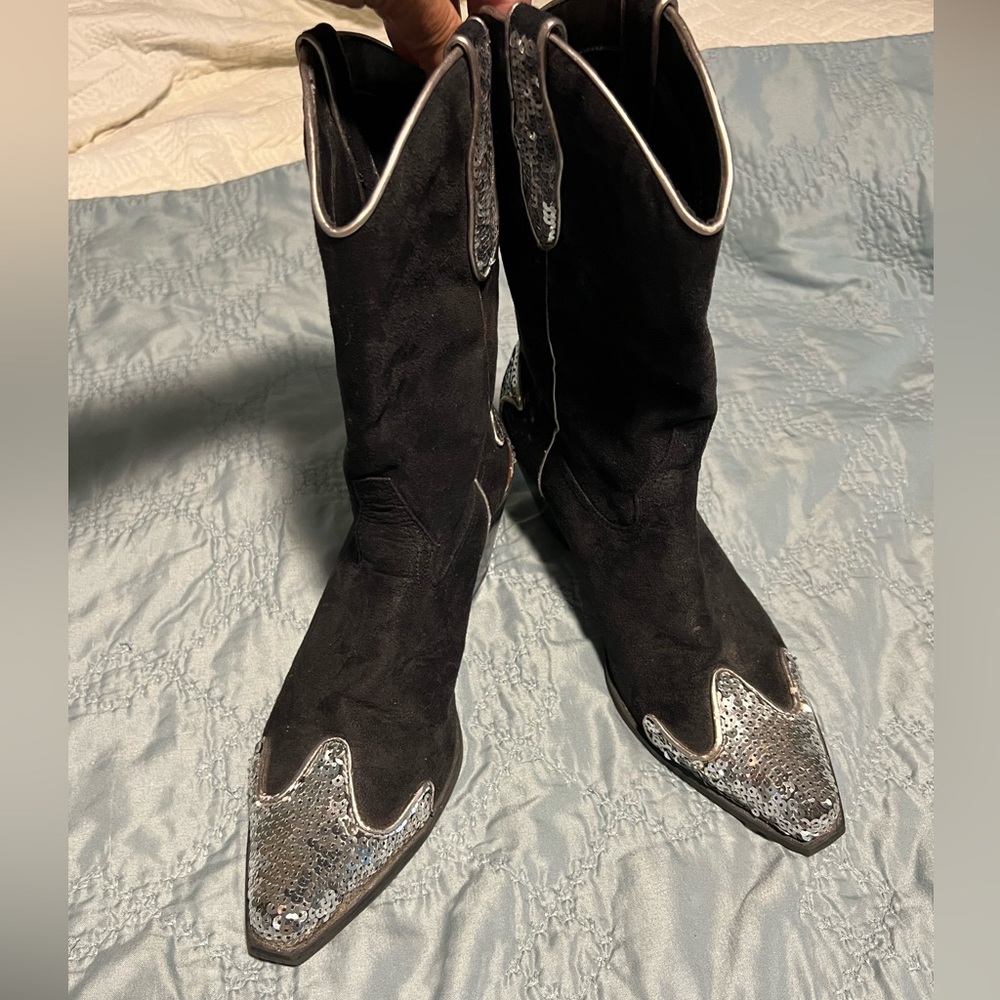 SOLD. Perfect costume boot. Black boots with Silver toe and Heels